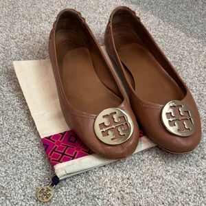 Tory Burch Tan Leather Minnie Flats with Gold Emblem